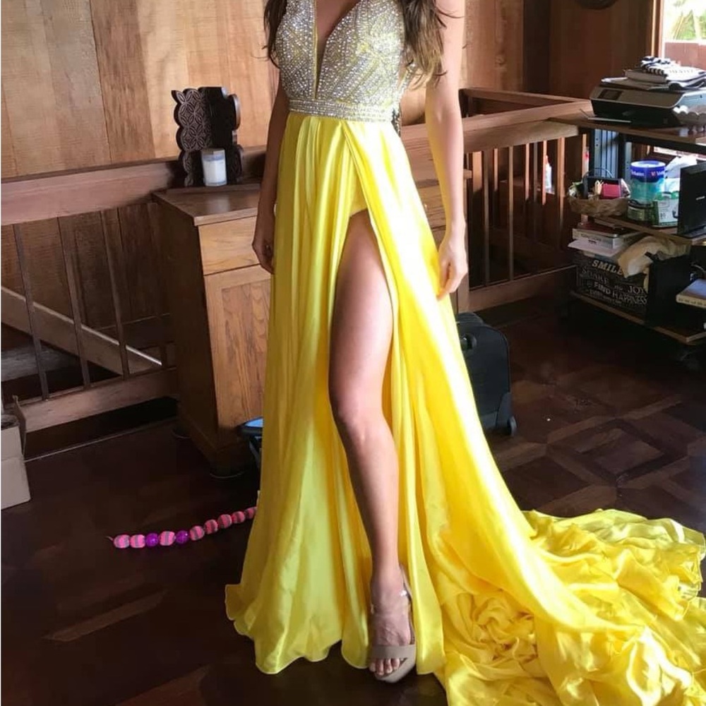 Mac Duggal Yellow Slit Prom Gown with Plunge Neckline